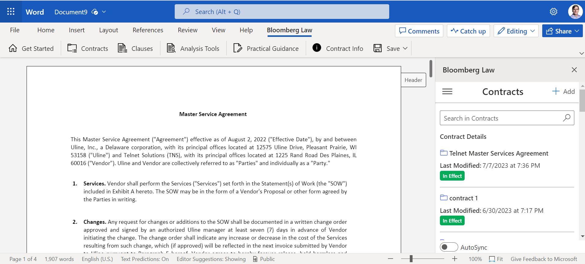 screenshot of Bloomberg Law Contract Solutions